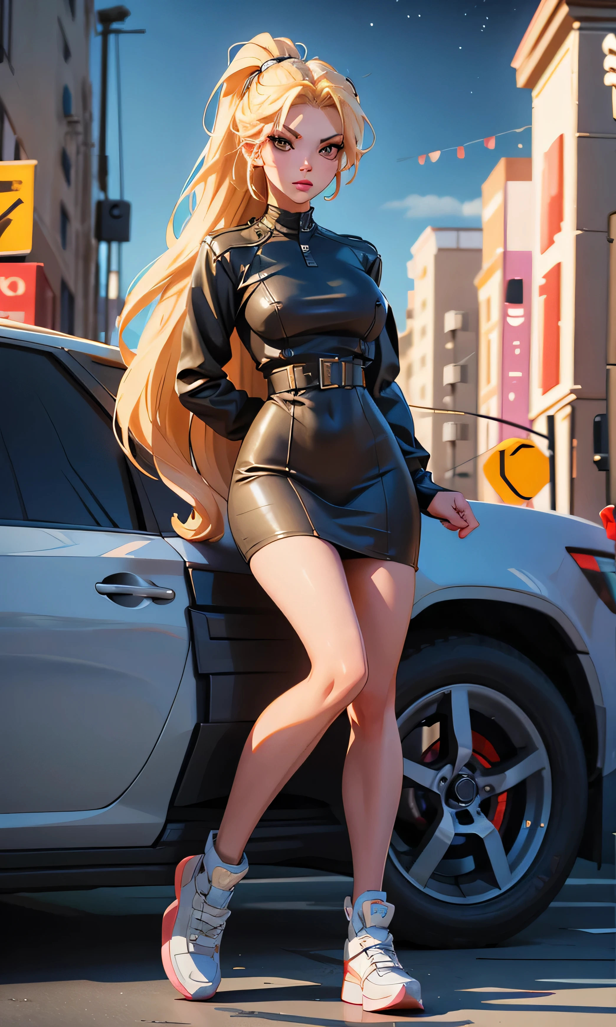  Masterpiece, 1 girl, beautiful, slim, head on,  watching the spectator,  long hair ,  blond hair , brown eyes,  arched eyebrows ,  full body ,  pretty legs, abdomen plano, Kpop outfit, vestido y falda corto, vestido y falda azul, interior blanco, shoes, (((desnuda))), on the street, dark sky, Danger Zone , 