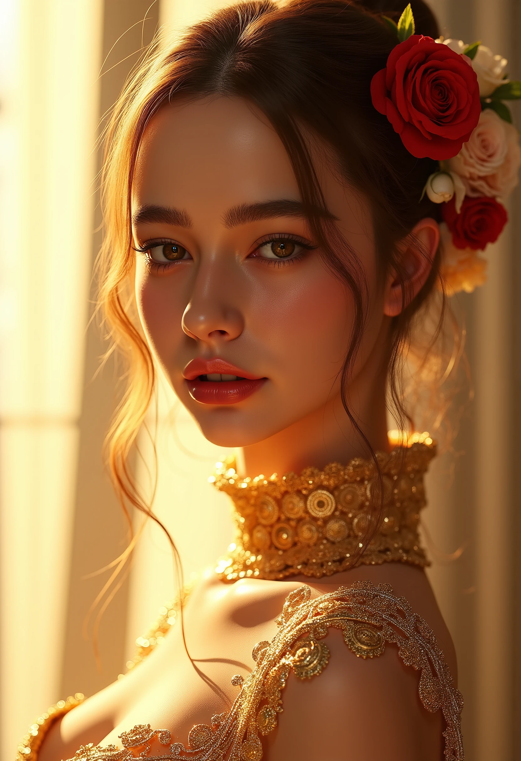 
eloquent fashion renders by julian, in the style of ilya kuvshinov, golden light, exotic realism, dan mumford, smooth and shiny, xiaofei yue, ferrania p30::3 , a skinny slim teen girl in a golden skintight suit is posing in a light room, beautiful Golden light through a window, white and red rose’s in here hair, in the style of hyper-realistic oil, asian-inspired, light silver and light magenta, illustration, shiny/glossy, glamorous hollywood portraits, detailed character illustrations :: 2, a young happy neon pink haired girl in a tight cosmic dress, i can't believe it can be so marvelous and stunning, full-body tattoos, ornate, rococo, grotesque, ornate, art nouveau, symmetrical, turquoise jewelry, red smoke, roses, hypermaximalist, elegant, vintage, hyper realistic, super detailed, pastel colors