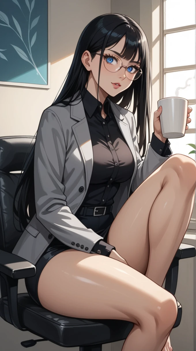  source_anime, woman,  dynamic pose style, Hold a cup ,  long hair ,  black hair,  Blue Eyes, ultrarealista, glasses, Sitting with your feet on the office chair,  thick thighs ,, dynamic light,  big eyes ,  realistic effects , The office wears a gray jacket and only a black bikini underneath,  high quality, detailed, 