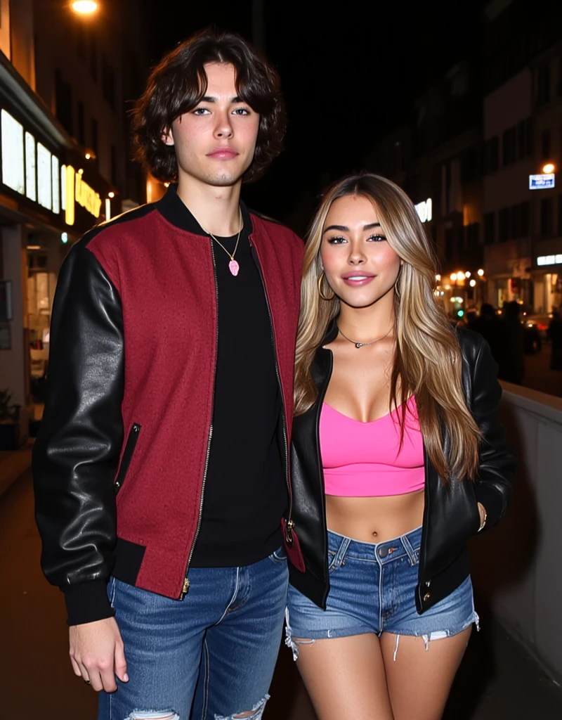 full body photo from the distance, 2 people photo shooting looking at viewer, laughing, having fun, being goofy, hot, 1 thin good looking rockstar American male 25 years old with medium length curled black hair with dark red wool college jacket and black leather sleeves, with black sweater and blue jeans, small pink plectrum necklace, squeezing her boobs from behind, gorgeous woman with long blonde hair, looking at viewer seductively smiling, Zurich at night background, tight pink latex crop top, black leather jacket, short jeans pants, high heels, sexual, jewelry, big gold hoop earrings, parted lips, midriff, pants, necklace, bracelet, lips, realistic, midriff peek, professional Photography, Photorealistic, detailed eyes, RAW, analog, sharp focus, 8k, HD, DSLR, high quality, Fujifilm XT3, film grain, award winning, masterpiece,