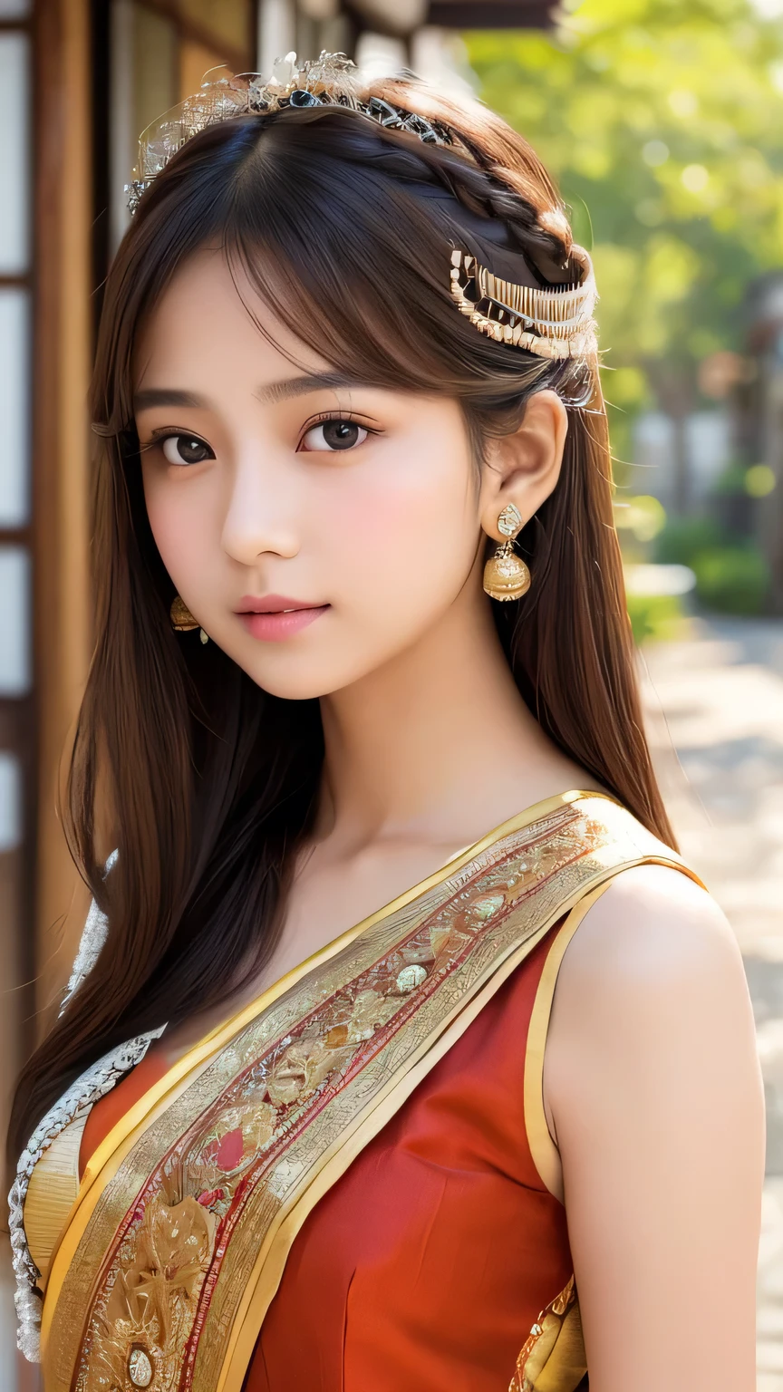 Top image quality、8K、​masterpiece：1.3))、Realistic high-quality photos、top-quality、girl cute-fine face、 beautiful Japan girl、Photo of slim  model、Beautiful girl model、young japanese girl、Young cute face、japanaese girl、 female model、Beautiful Model Girl、The innocent look of the girl next door、lovely delicate face、Brown hair、Beautiful brown eyes、Tear bag、drooing eyes、young body、Designer Jewelry, Traditional saris of Cleopatra fabric from top to bottom, Full body cover,