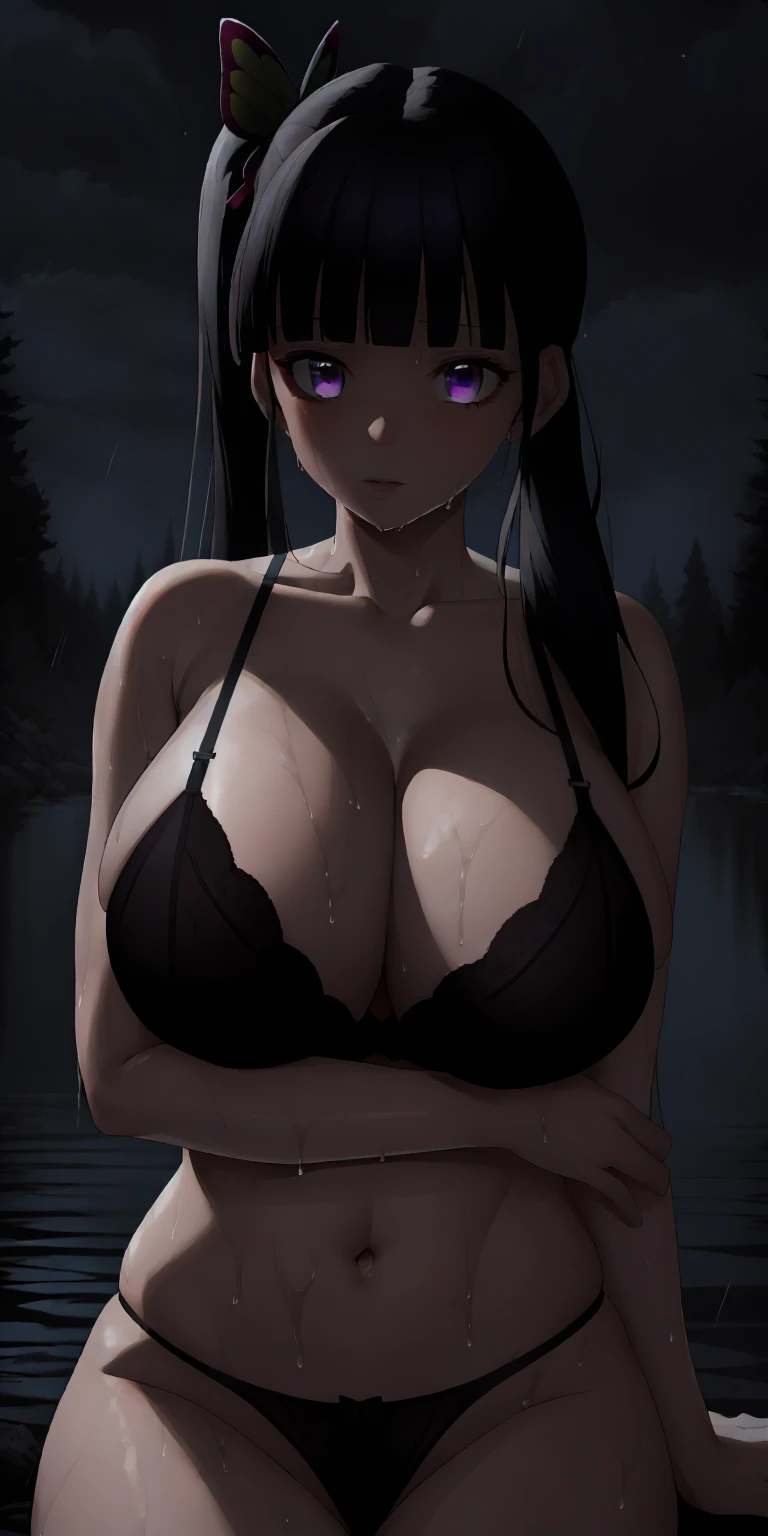 masterpiece, ultra high-quality, extremely detail 8k cg, high resolution, 1girl, mature female, KanaoDef, purple eyes, black hair, long hair, blunt bangs, bangs, hair ornament, side ponytail, butterfly hair ornament, jewelry, big boobs, gigantic breasts, cleavage, bra, panties, lingerie, thin body, night time, dark, outdoors, forest, river, raining, wet hair, wet body, wet clothes, dark, (at night, darkness, no light:1.4)