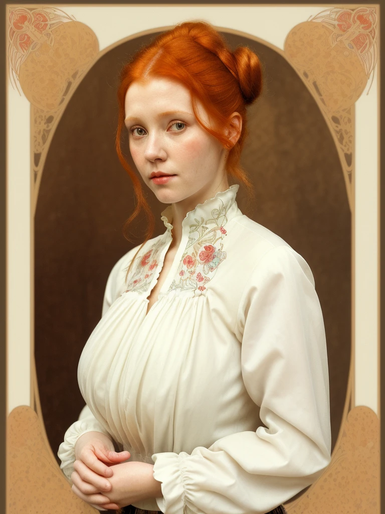 Portrait of a housekeeper redhead pale bun hair cleavage blouse long sleeve puffy art nouveau mucha