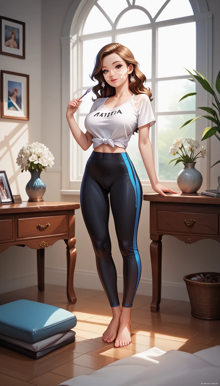 ( hyperrealistic poses), ( illustration), ( high resolution), (8k), ( extremely detailed ), (best  illustration), ( detailed and beautiful eyes ), ( best quality ), ( Ultra-detailed), ( masterpiece ), (  wallpaper ), ( detailed face ), Alone, 1 , wavy white hair, Korean,  heterochromatic eyes ,  small spots under the eyes, loose white shirt,  yoga pants ,  Big breasts ,  Long legs,  definite abdomen, camel&#39;s feet,  dynamic pose style  