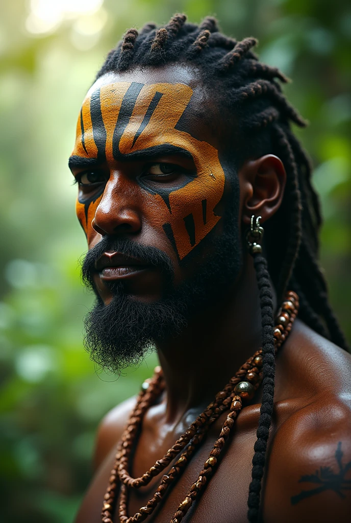 An Indian man with a characteristic face of Brazilian indigenous people, who has no beard, stark, with a bow in hand in northeastern Brazil, in the caatinga and aiming this bow somewhere, and with his face painted with indigenous paints