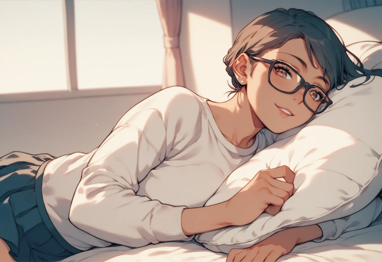  A girl, beautiful, Young, s, wearing a sweatshirt, skirt, glasses,  your hair is long and black,  she's holding a cute dragon, she's sitting on your bed , dynamic scene,  manga style , manga framing ,  line art  