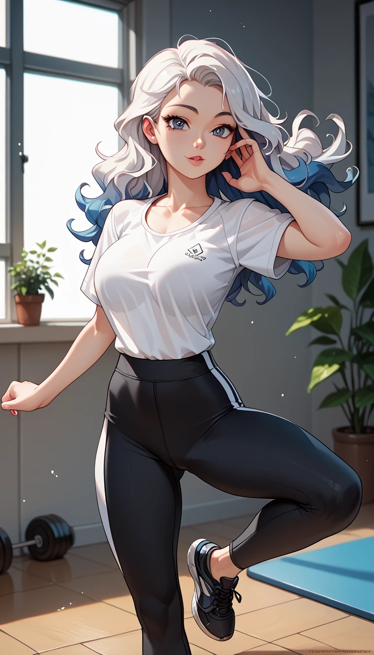 ( detailed and beautiful eyes ), ( best quality ), ( detailed face ), Alone, 1 girl , wavy white hair, Korean,  heterochromatic eyes , loose white shirt,  yoga pants ,  Big breasts ,  Long legs,  definite abdomen, dynamic pose,  perfect anatomy , anime, design