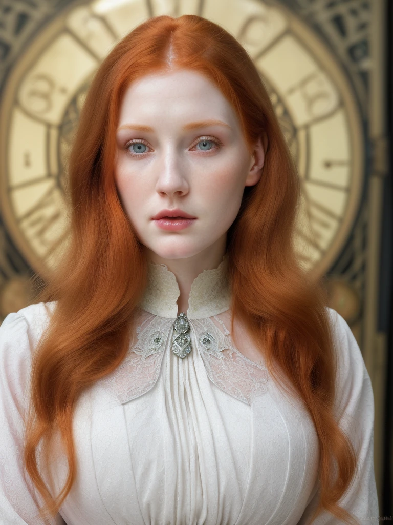 a pale redhead governess, detailed face, beautiful eyes, long eyelashes, detailed lips, feminine facial features, high cheekbones, long torso, large bust, bouffant long sleeve blouse, art nouveau style, Alphonse Mucha inspired, photorealistic, 8k, hyper detailed, high quality