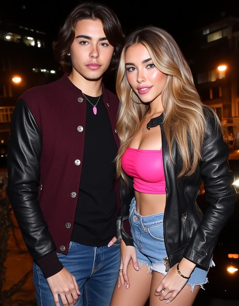 full body photo from the distance, 2 people photo shooting looking at viewer, laughing, friends having fun, being goofy, hot, 1 thin good looking rockstar American male 25 years old with medium length curled black hair with dark red wool college jacket and black leather sleeves, with black sweater and blue jeans, small pink plectrum necklace, gorgeous woman with long blonde hair, looking at viewer seductively smiling, Zurich at night background, tight pink latex crop top, black leather jacket, short jeans pants, high heels, sexual, jewelry, big gold hoop earrings, parted lips, midriff, pants, necklace, bracelet, lips, realistic, midriff peek, professional Photography, Photorealistic, detailed eyes, RAW, analog, sharp focus, 8k, HD, DSLR, high quality, Fujifilm XT3, film grain, award winning, masterpiece,