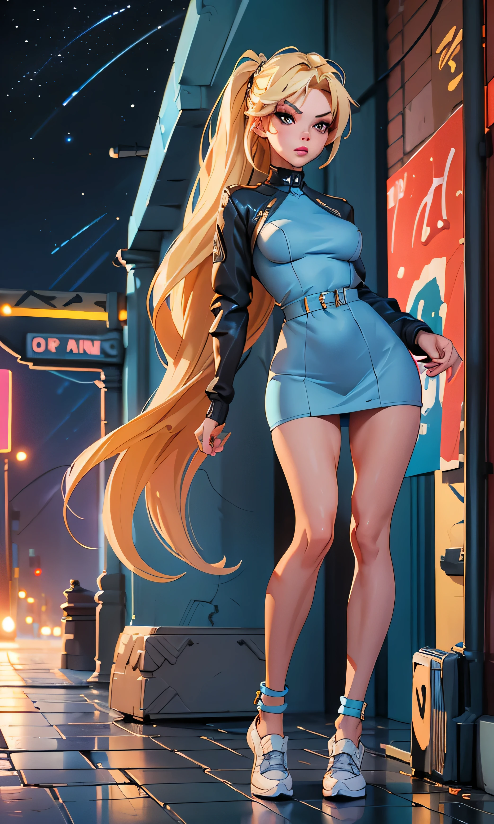 Masterpiece, 1 girl, beautiful, slim, head on, long hair, blond hair , brown eyes, arched eyebrows , full body , pretty legs, abdomen plano, Kpop outfit, vestido y falda corto, vestido y falda color azul, interior blanco, shoes, (((desnuda))), on the street, dark sky, Danger Zone ,