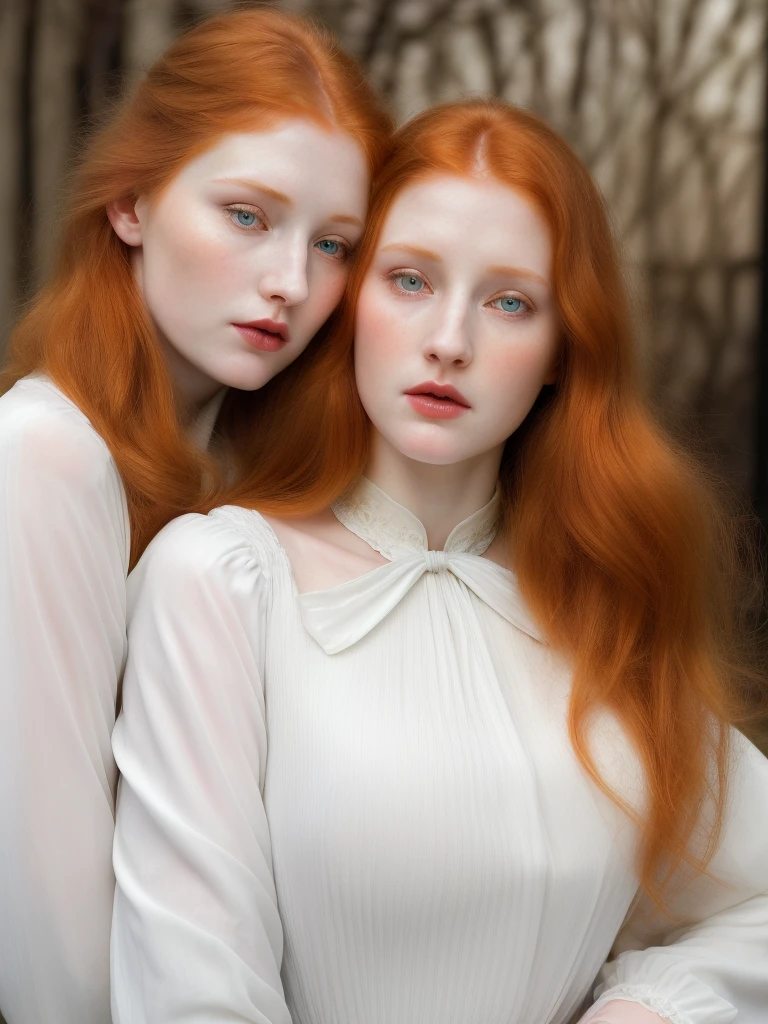 a pale redhead governess, detailed face, beautiful eyes, long eyelashes, detailed lips, feminine facial features, a girl whispering into another girl's ear, high cheekbones, long torso, large bust, bouffant long sleeve blouse, art nouveau style, Alphonse Mucha inspired, photorealistic, 8k, hyper detailed, high quality