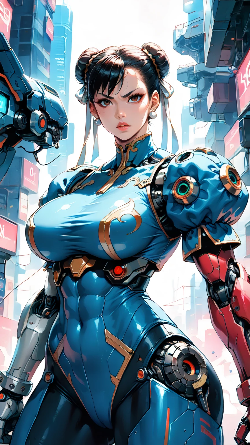 score_9, score_8_up, score_7_up,BREAK
three quarters shot, 
solo, (1 girl), (Cyborg Chun-Li), beautiful teenage muscular Asian cyborg girl, (bio-mecha:1.25), (huge upper body:1.75),  wearing a stylish futuristic outfit, highly detailed armor, (mecha elements:1.1), blue and gold coloring, neon accents, wielding a large sword, [expression: fierce and determined], intricate accessories, intricate hair details, cyberpunk aesthetic, soft and smooth shading, in a vibrant cityscape background, highly detailed, sharp lines, (highly detailed background:1.2), soft rim lighting, depth of field, professional artwork, key visual design, dynamic lighting and shading.