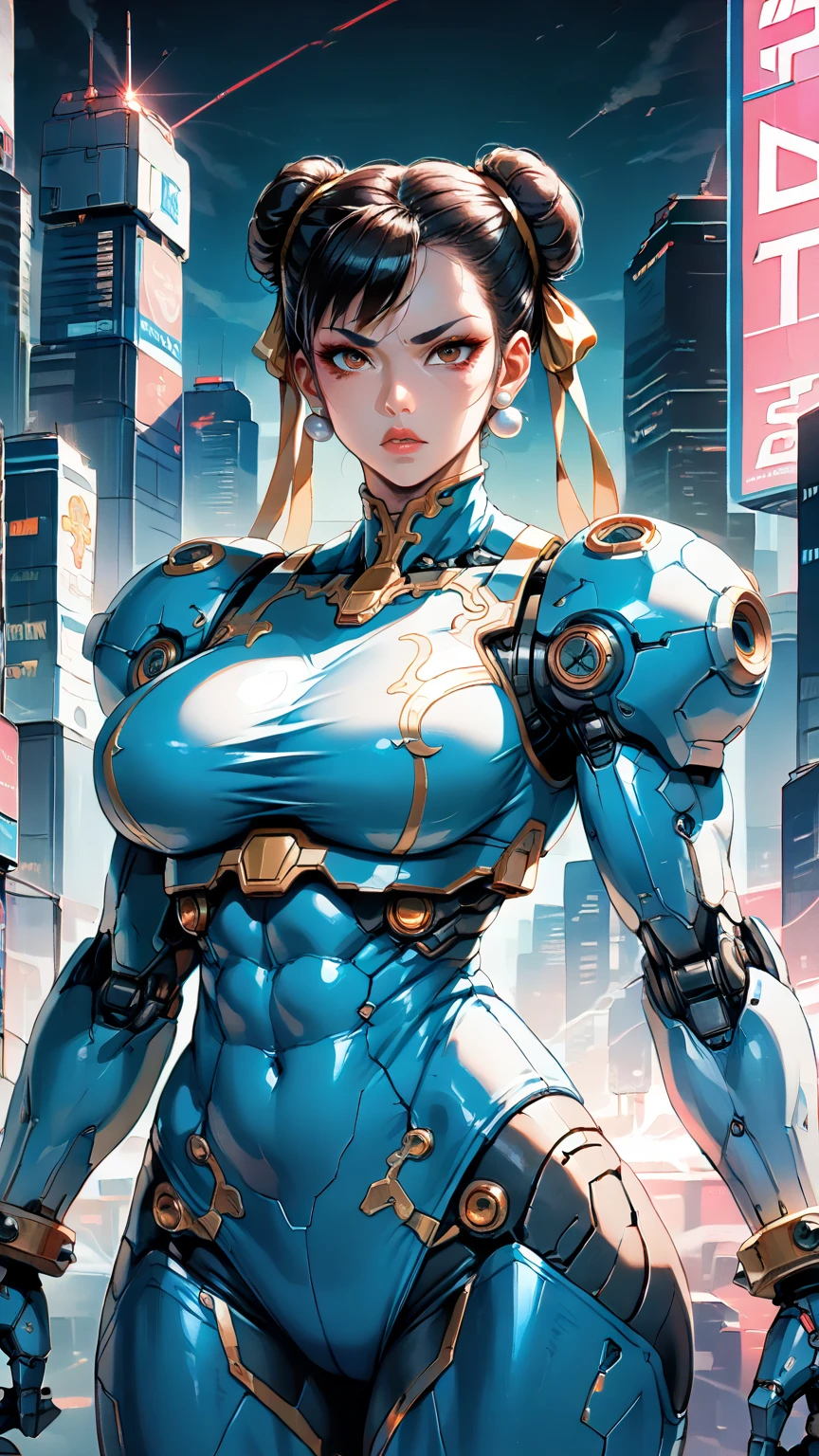 score_9, score_8_up, score_7_up,BREAK
three quarters shot, 
solo, (1 girl), (Cyborg Chun-Li), beautiful teenage muscular Asian cyborg girl, (bio-mecha:1.25), (huge upper body:1.75),  wearing a stylish futuristic outfit, highly detailed armor, (mecha elements:1.1), blue and gold coloring, neon accents, wielding a large sword, [expression: fierce and determined], intricate accessories, intricate hair details, cyberpunk aesthetic, soft and smooth shading, in a vibrant cityscape background, highly detailed, sharp lines, (highly detailed background:1.2), soft rim lighting, depth of field, professional artwork, key visual design, dynamic lighting and shading.