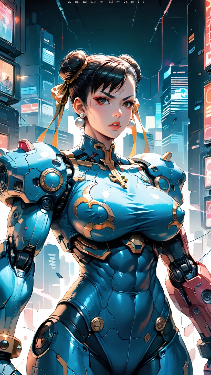 score_9, score_8_up, score_7_up,BREAK
three quarters shot, 
solo, (1 girl), (Cyborg Chun-Li), beautiful teenage muscular Asian cyborg girl, (bio-mecha:1.25), (huge upper body:1.75),  wearing a stylish futuristic outfit, highly detailed armor, (mecha elements:1.1), blue and gold coloring, neon accents, wielding a large sword, [expression: fierce and determined], intricate accessories, intricate hair details, cyberpunk aesthetic, soft and smooth shading, in a vibrant cityscape background, highly detailed, sharp lines, (highly detailed background:1.2), soft rim lighting, depth of field, professional artwork, key visual design, dynamic lighting and shading.