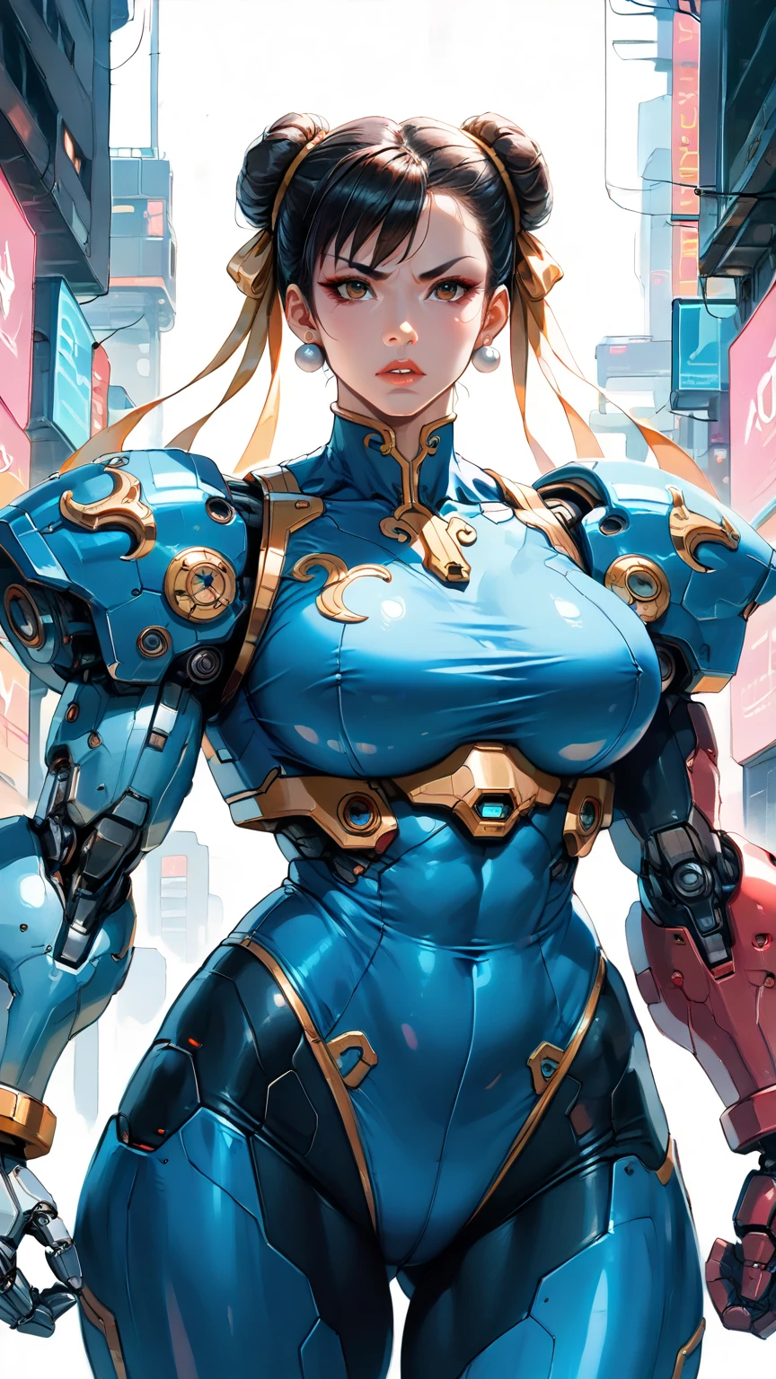 score_9, score_8_up, score_7_up,BREAK
three quarters shot, 
solo, (1 girl), (Cyborg Chun-Li), beautiful teenage muscular Asian cyborg girl, (bio-mecha:1.25), (huge upper body:1.75),  wearing a stylish futuristic outfit, highly detailed armor, (mecha elements:1.1), blue and gold coloring, neon accents, wielding a large sword, [expression: fierce and determined], intricate accessories, intricate hair details, cyberpunk aesthetic, soft and smooth shading, in a vibrant cityscape background, highly detailed, sharp lines, (highly detailed background:1.2), soft rim lighting, depth of field, professional artwork, key visual design, dynamic lighting and shading.