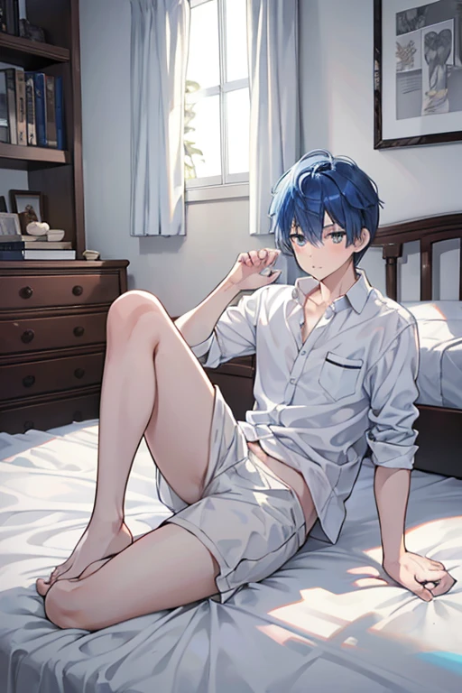 Blue Hair, Short Hair,  male student,  bed in black,  white shirt, barefoot, white boxer, Old room, evening