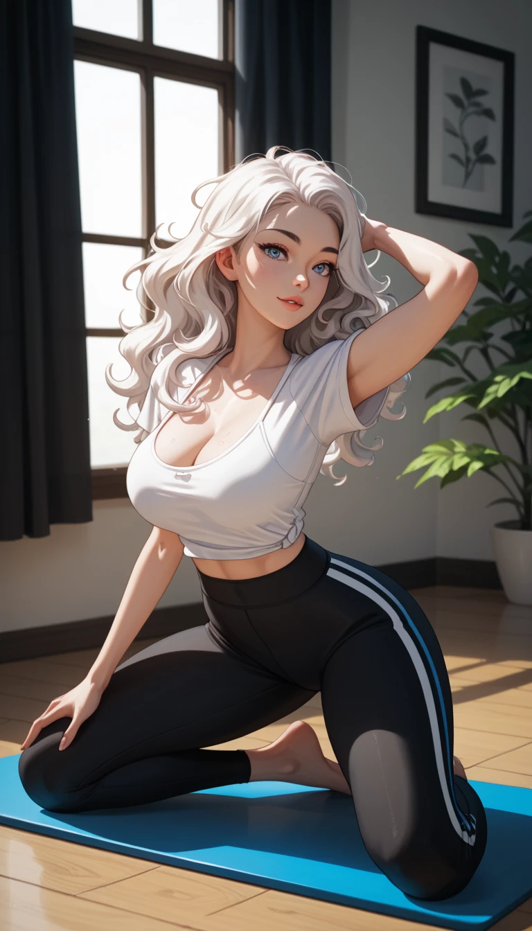 ( detailed and beautiful eyes ), ( best quality ), ( detailed face ), Alone, 1 girl , wavy white hair, Korean,  heterochromatic eyes , loose white shirt,  yoga pants ,  Big breasts ,  Long legs,  definite abdomen, dynamic pose,  perfect anatomy , anime, design