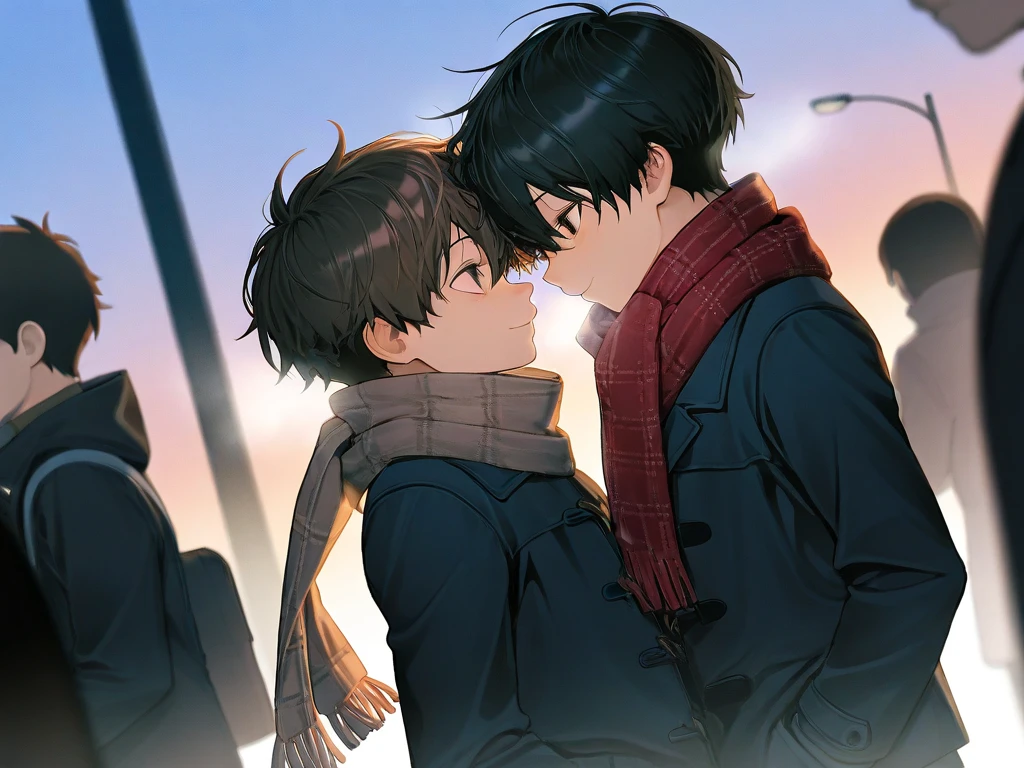 (( top quality )), ((masterpiece)), (  Details),  two boys ,  scarf,bustling street,dusk,rule of thirds,canted angle,slim,student,black hair,brown hair,Two people make eye contact as they pass by each other by chance,winter