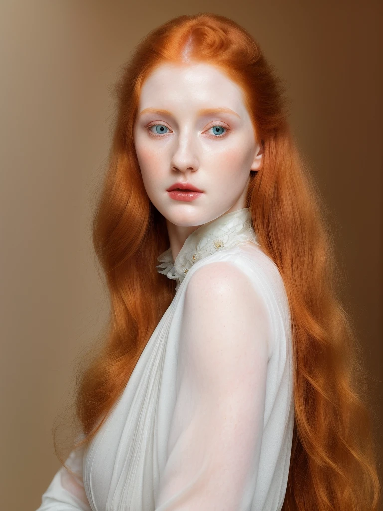 a pale redhead whispering into another girl's ear, detailed face, beautiful eyes, long eyelashes, detailed lips, feminine facial features, high cheekbones, long torso, large bust, bouffant long sleeve blouse, art nouveau style, Alphonse Mucha inspired, photorealistic, 8k, hyper detailed, high quality