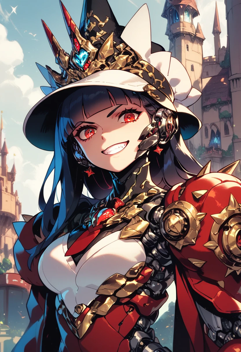 1girl, black mecha, mechanical arms, mechanical legs, mechanical eyes, red eyes, dilapidated castle background, upper body, looking at viewer, stocking cap, robe, spiked shoulders, evil smile, angry eyes,