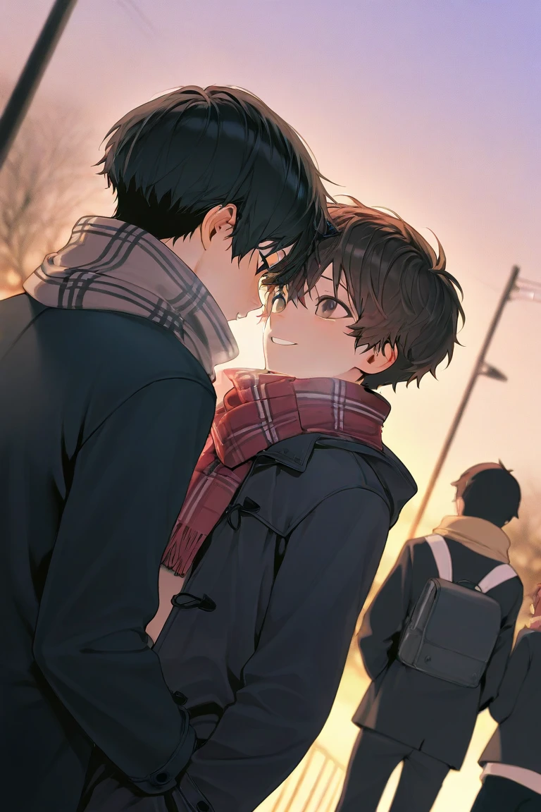 (( top quality )), ((masterpiece)), (  Details),  two boys ,  scarf,bustling street,dusk,rule of thirds,canted angle,slim,student,black hair,brown hair,Two people make eye contact as they pass by each other by chance,winter