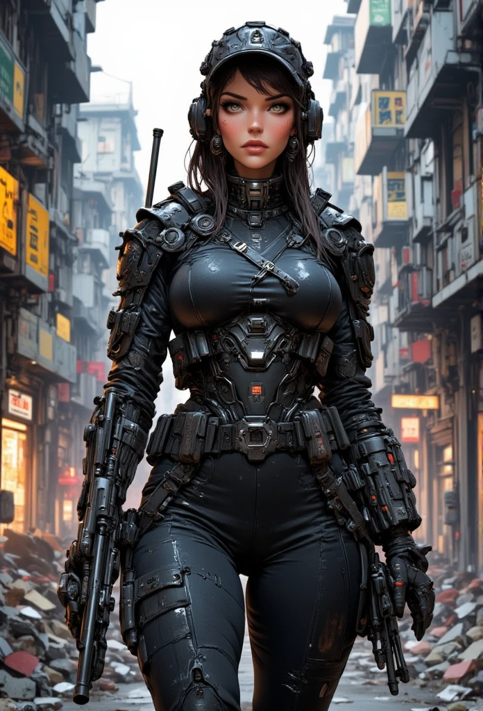 a beautiful girl in a black uniform holds a Barrett M82 sniper rifle in her hands