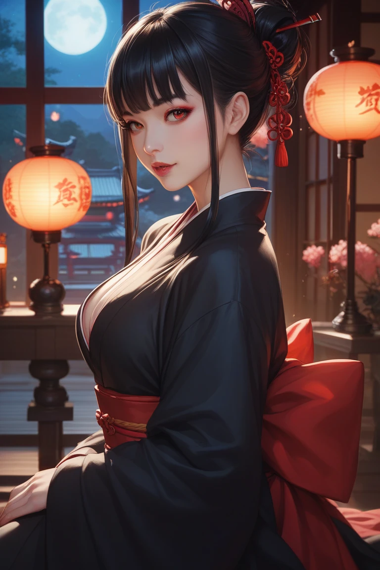 (((8k wallpaper of extremely detailed CG unit, masterpiece, 超A high resolution:1.2, top-quality:1.2, masutepiece))), ((extremely beautiful lady, extra detailed face, Highly detailed black eyes, extra detailed body, Top quality real texture skins, A dark-haired, de pele branca, Small:1.3, Sexy black and red kimono:1.2, off shoulders, Light pink eyeshadow, Hands behind your back)), ((Exposed cleavage, exposed shoulder, Exposed belly, Exposed legs)), (paper lanterns, Plum Blossom, Plum blossoms, natta:1.2, A Japanese style), hyper realisitic, digitial painting,