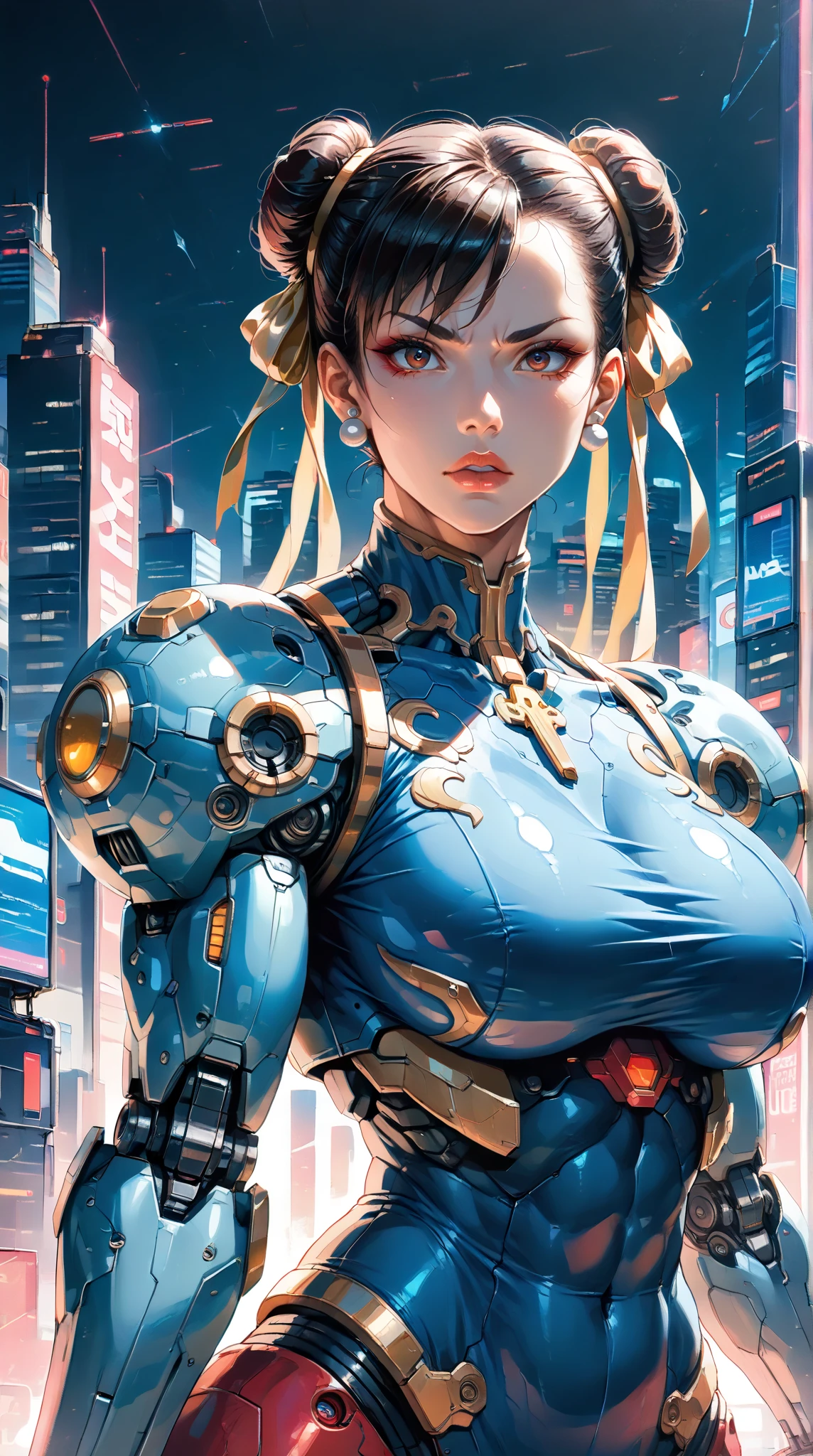 score_9, score_8_up, score_7_up,BREAK
three quarters shot, 
solo, (1 girl), (Cyborg Chun-Li), beautiful teenage muscular Asian cyborg girl, (bio-mecha:1.25), (huge upper body:1.75),  wearing a stylish futuristic outfit, highly detailed armor, (mecha elements:1.1), blue and gold coloring, neon accents, wielding a large sword, [expression: fierce and determined], intricate accessories, intricate hair details, cyberpunk aesthetic, soft and smooth shading, in a vibrant cityscape background, highly detailed, sharp lines, (highly detailed background:1.2), soft rim lighting, depth of field, professional artwork, key visual design, dynamic lighting and shading.