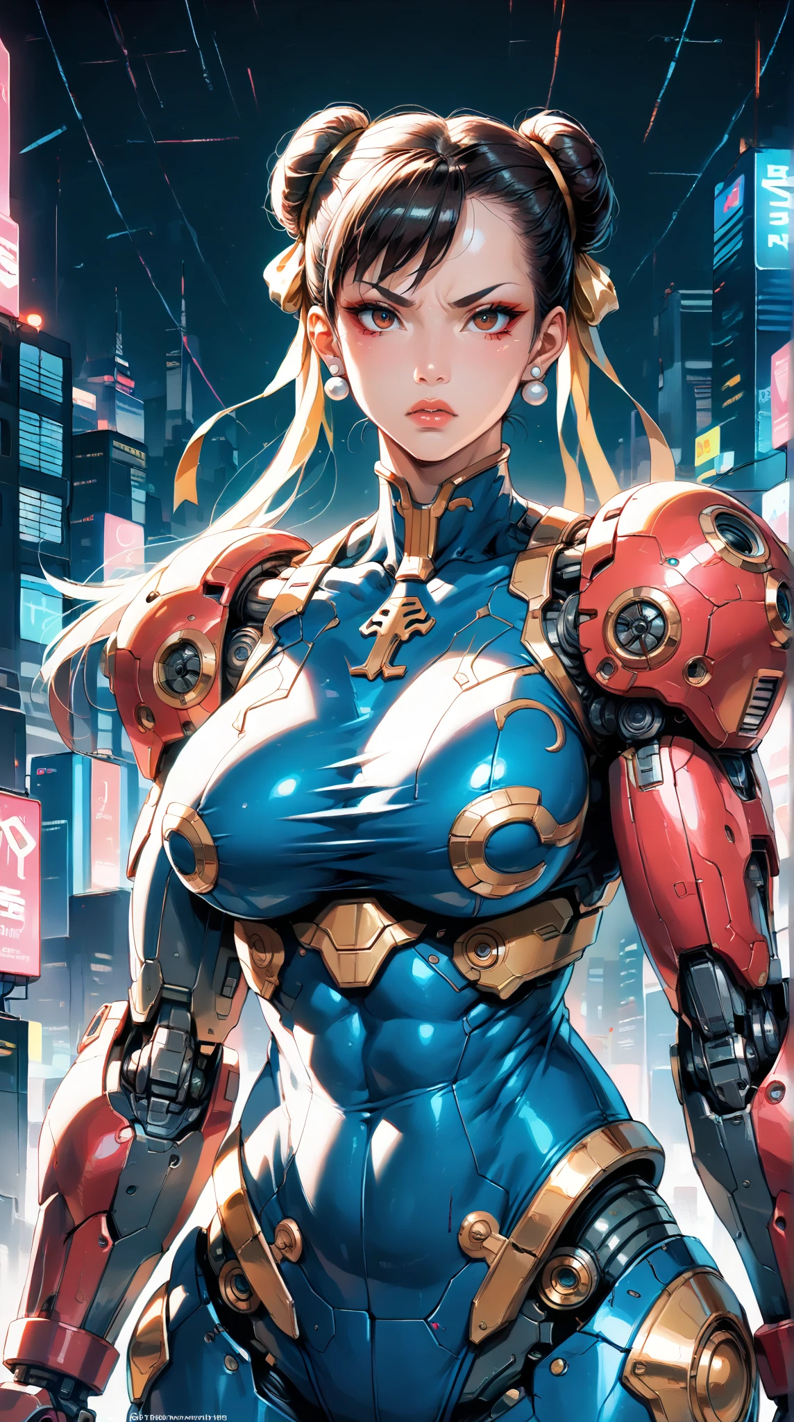 score_9, score_8_up, score_7_up,BREAK
three quarters shot, 
solo, (1 girl), (Cyborg Chun-Li), beautiful teenage muscular Asian cyborg girl, (bio-mecha:1.25), (huge upper body:1.75),  wearing a stylish futuristic outfit, highly detailed armor, (mecha elements:1.1), blue and gold coloring, neon accents, wielding a large sword, [expression: fierce and determined], intricate accessories, intricate hair details, cyberpunk aesthetic, soft and smooth shading, in a vibrant cityscape background, highly detailed, sharp lines, (highly detailed background:1.2), soft rim lighting, depth of field, professional artwork, key visual design, dynamic lighting and shading.