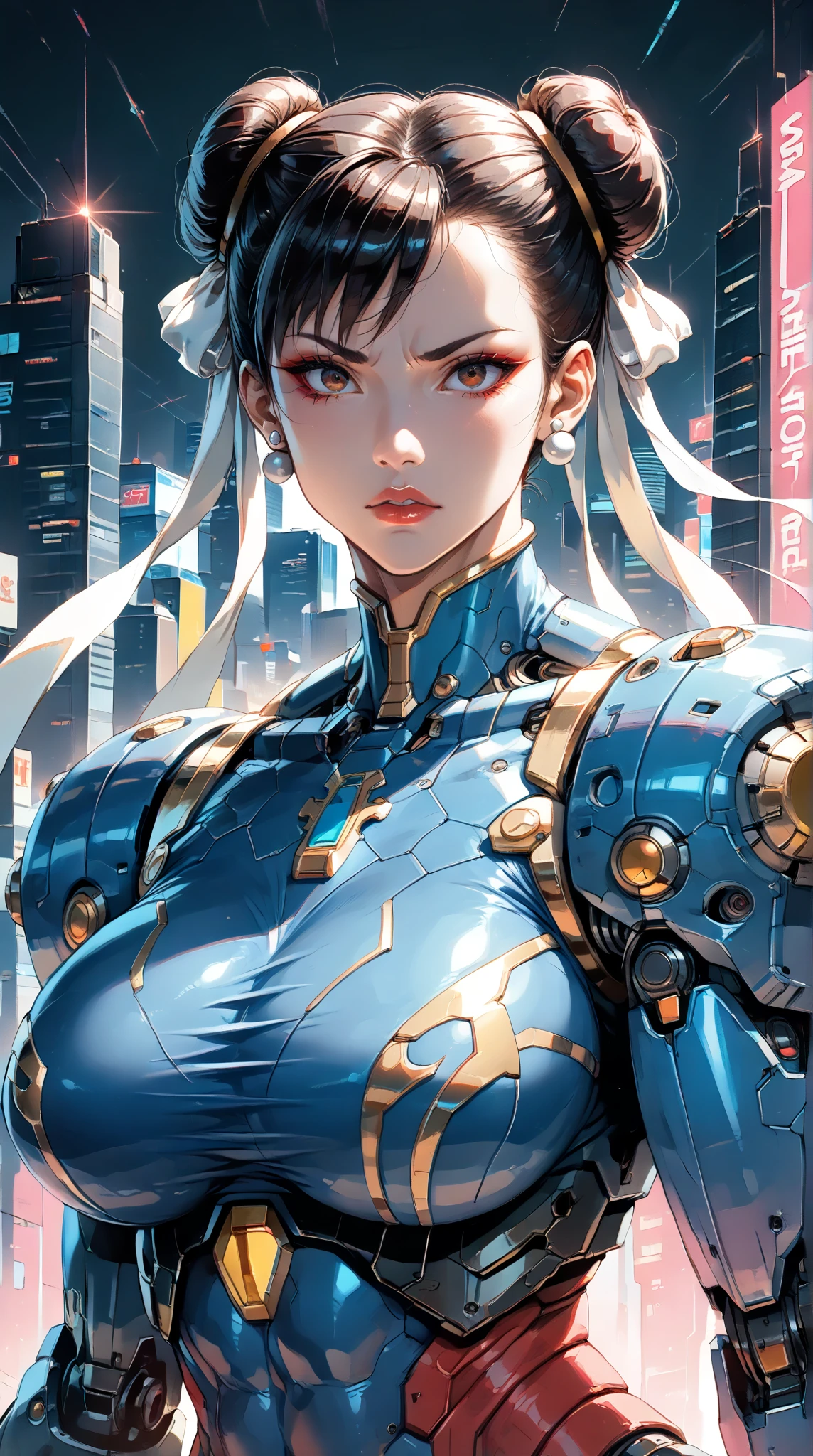 score_9, score_8_up, score_7_up,BREAK
three quarters shot, 
solo, (1 girl), (Cyborg Chun-Li), beautiful teenage muscular Asian cyborg girl, (bio-mecha:1.25), (huge upper body:1.75),  wearing a stylish futuristic outfit, highly detailed armor, (mecha elements:1.1), blue and gold coloring, neon accents, wielding a large sword, [expression: fierce and determined], intricate accessories, intricate hair details, cyberpunk aesthetic, soft and smooth shading, in a vibrant cityscape background, highly detailed, sharp lines, (highly detailed background:1.2), soft rim lighting, depth of field, professional artwork, key visual design, dynamic lighting and shading.