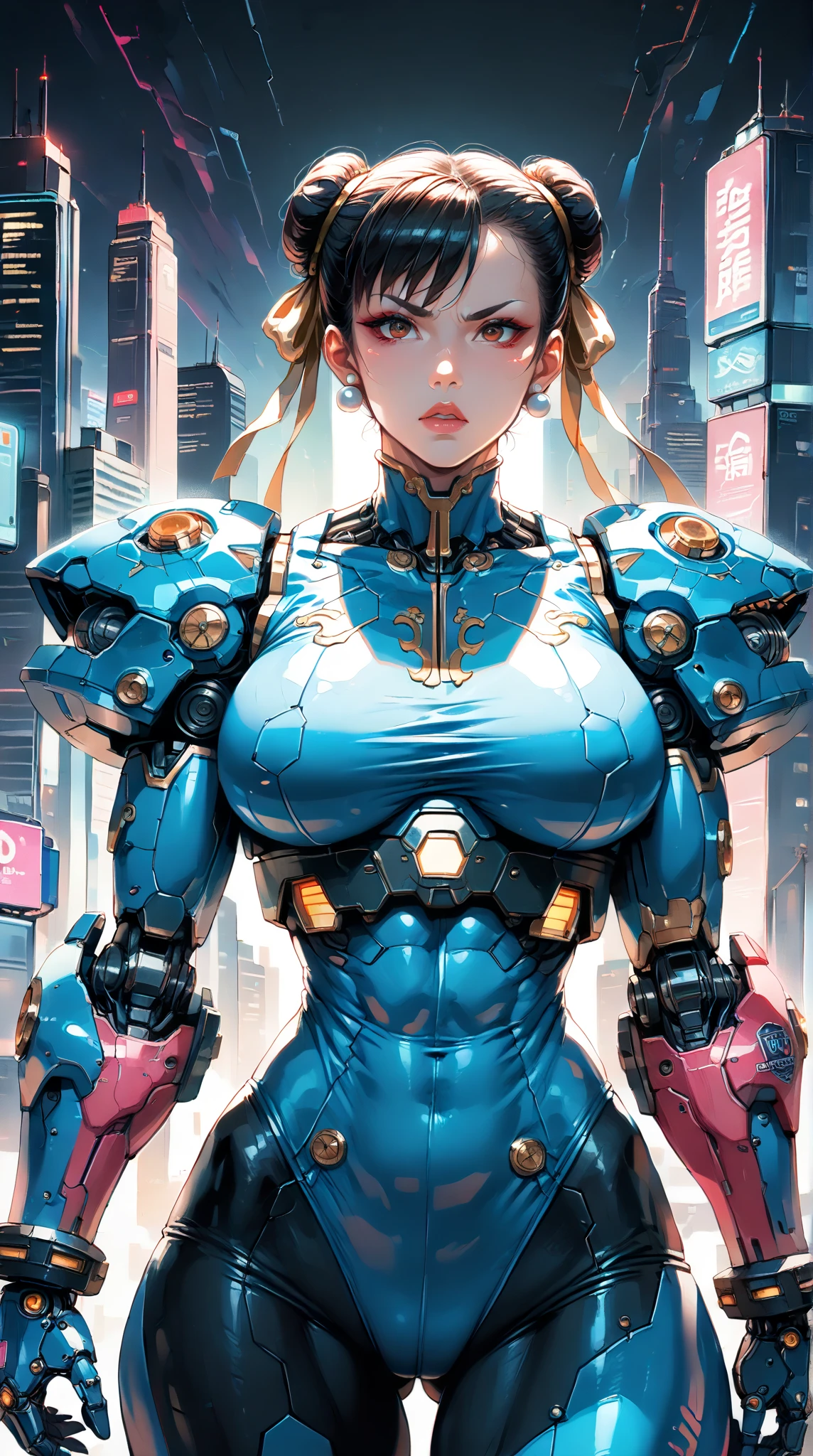 score_9, score_8_up, score_7_up,BREAK
three quarters shot, 
solo, (1 girl), (Cyborg Chun-Li), beautiful teenage muscular Asian cyborg girl, (bio-mecha:1.25), (huge upper body:1.75),  wearing a stylish futuristic outfit, highly detailed armor, (mecha elements:1.1), blue and gold coloring, neon accents, wielding a large sword, [expression: fierce and determined], intricate accessories, intricate hair details, cyberpunk aesthetic, soft and smooth shading, in a vibrant cityscape background, highly detailed, sharp lines, (highly detailed background:1.2), soft rim lighting, depth of field, professional artwork, key visual design, dynamic lighting and shading.