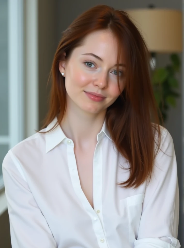  portrait of a woman m0n4el1s4 ,  posing in the office , glass window,  Serene and warm ,  natural light,  soft focus ,  High definition ,  elegant and thoughtful atmosphere, quiet refinement ,  in a white shirt ,  all buttons are buttoned ,  light smile, makeup

