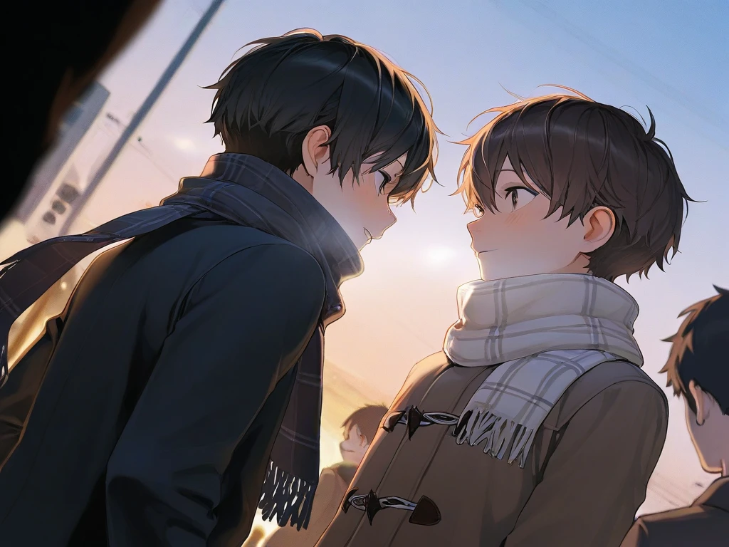 (( top quality )), ((masterpiece)), (  Details),  two boys ,  scarf,bustling street,dusk,rule of thirds,canted angle,slim,student,black hair,brown hair,Two people meet,two people eye contact,winter