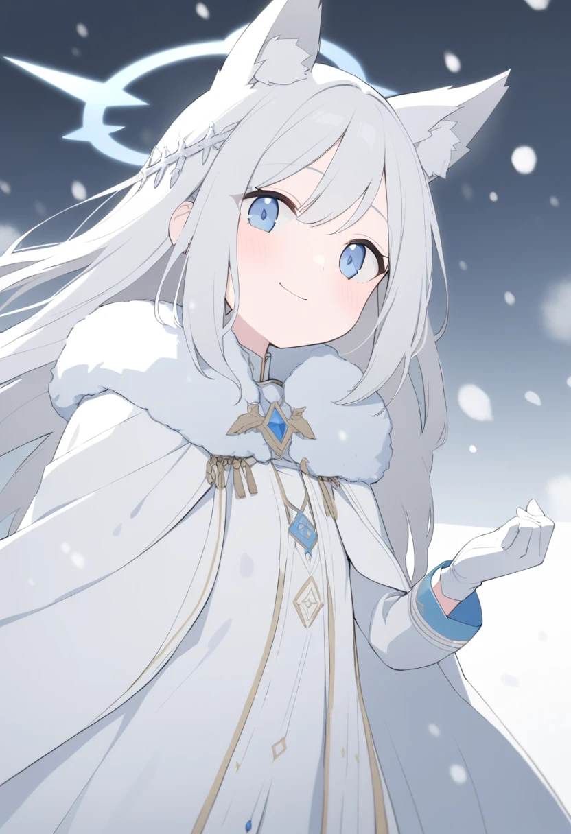 girl，   Long Silver Hair  ,  White crown ，  blue eyes  , White cape ， white noble dress ， squint ,   standing in the snow  ，  happy expression  ,    blue halo，  gray wolf ears， White gloves