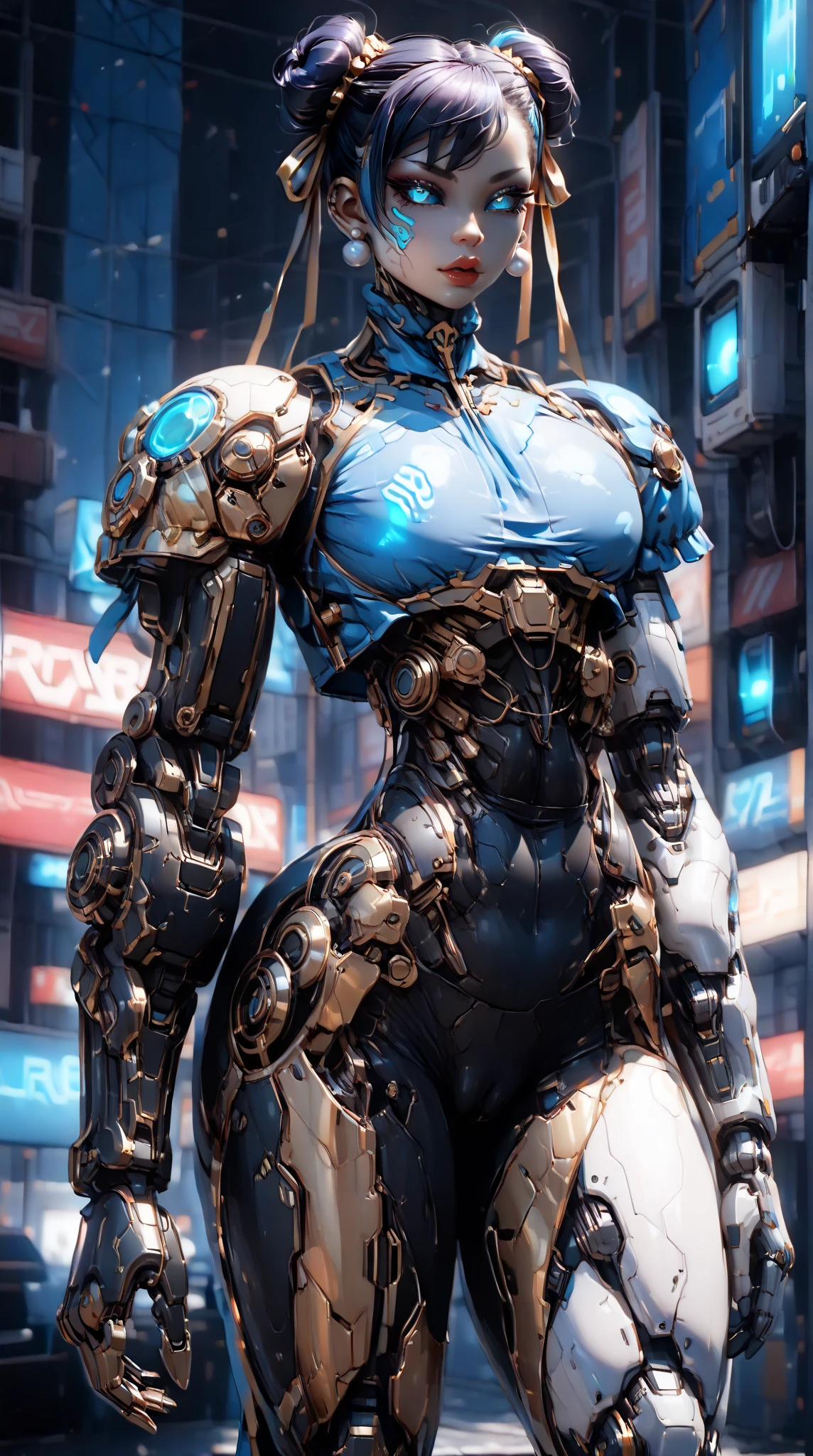 (nsfw:1), (Uncensored:1), score_9, score_8_up, score_7_up, (Three Quarters Shot), (1 girl), (Cyborg Chun-Li), beautiful teenage (skinny) muscular Asian cyborg girl, (bio-mecha:1.25), (huge upper body:1.75), (mechanical Cyborg arms:1.65), (mechanical Cyborg jaw:1.25), ((skinny waist & torso:1.5)),  (blue glowing eyes:1.25), (black sclera:1.25), (beautiful face:1.25), (flat chest:1.25), (blue glowing hair:1.25), metallic, circuits, cables, bimbo lips, 2 hair buns,  high res, standing, hand bands, hand on hip, looking to the side, camel-toe,  gothic neon style, cyber punk style, super realistic image, arm0rpunkv4, CyberRealistic_Negative_PONY