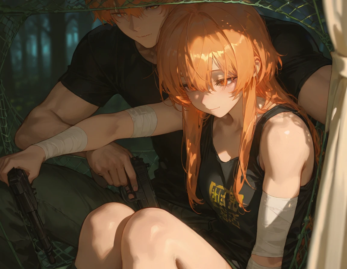 hand \(Chainsaw Man\),, Two Girls, only, sit, Redhead, Long braided hair, Golden Eyes,White lace panties, Mid-chest, {{{{{(Don't expose your neck:1.2)}}}}}, {{{{{主観視点のhandで絞め、hit in the neck:1.4}}}}}, topless, Perfect collarbone,(White panties), (just:1.2), Observe the audience, (close:1.3), , Upper Body, Highest quality, Glowing Skin, Highest quality, High resolution, Stomach, bed