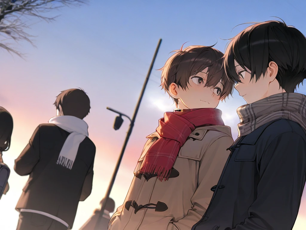 (( top quality )), ((masterpiece)), (  Details),  two boys ,  scarf,bustling street,dusk,rule of thirds,canted angle,slim,student,black hair,brown hair,Two people meet,Looking at each other,winter