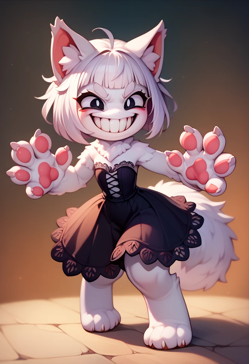 Ayla, 1girl, fullbody, white anthropomorphic cat woman, big paws, white fur, white hair, bob cut, white grinning mask, black iris, huge grin, gapped teeth, cat paws, pink pawpads, no nose, noseless, fluffy tail, messy hair, Insane expression, evil grin, agressive, white eyebrows, round eyebrows, black pupils, black iris, black colored eyes, black lace dress