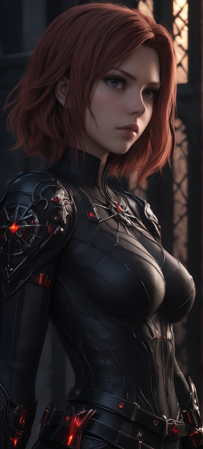 Black widow, full body, fantasy, hyperrealistic, 8k, detailed, intricate, masterpiece, photorealistic, cinematic lighting, dramatic colors, chiaroscuro ، designed by Kazuya Takahashi, final fantasy xvi style.