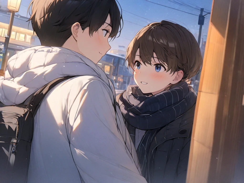 (( top quality )), ((masterpiece)), (  Details),  two boys ,  scarf,bustling street,dusk,rule of thirds,canted angle,slim,student,black hair,brown hair,Two people meet,Looking at each other,winter