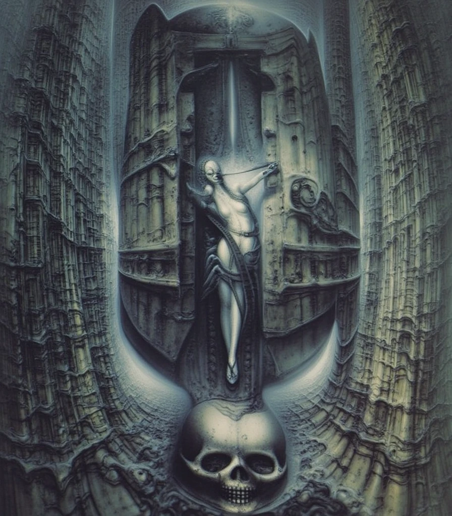 H. R. Giger's g1g3r, , Giger_style, H. R. Giger's g1g3r, , Giger_style, The image is a detailed view of H.R. Giger's \" HRG Aleph \" plate, featuring ( The image depicts a surreal, dark artwork featuring a human figure suspended between two hordous-like structures (best quality:1.4). ( a painting of a man ctusified on top of a skull, h.r. giger city, beautiful cyborg priestess, cathedral of sun, oilpainting, by Władysław Podkowiński, lament configuration, brian pulido, masahiro ito, medium detail, 2 0 2 0 award winning painting, grain 1 9 9 0.), background is an intricate, gothic architecture (best quality:1.4) with ornate details, adding a sense of otherworldliness to the scene. By Giger   (Proportion:1.1),  , (Reflected light:1.2), Parchment, ultra detailed, intricate,, (best quality:1.4), H.R. GIGER,  BY GIGER