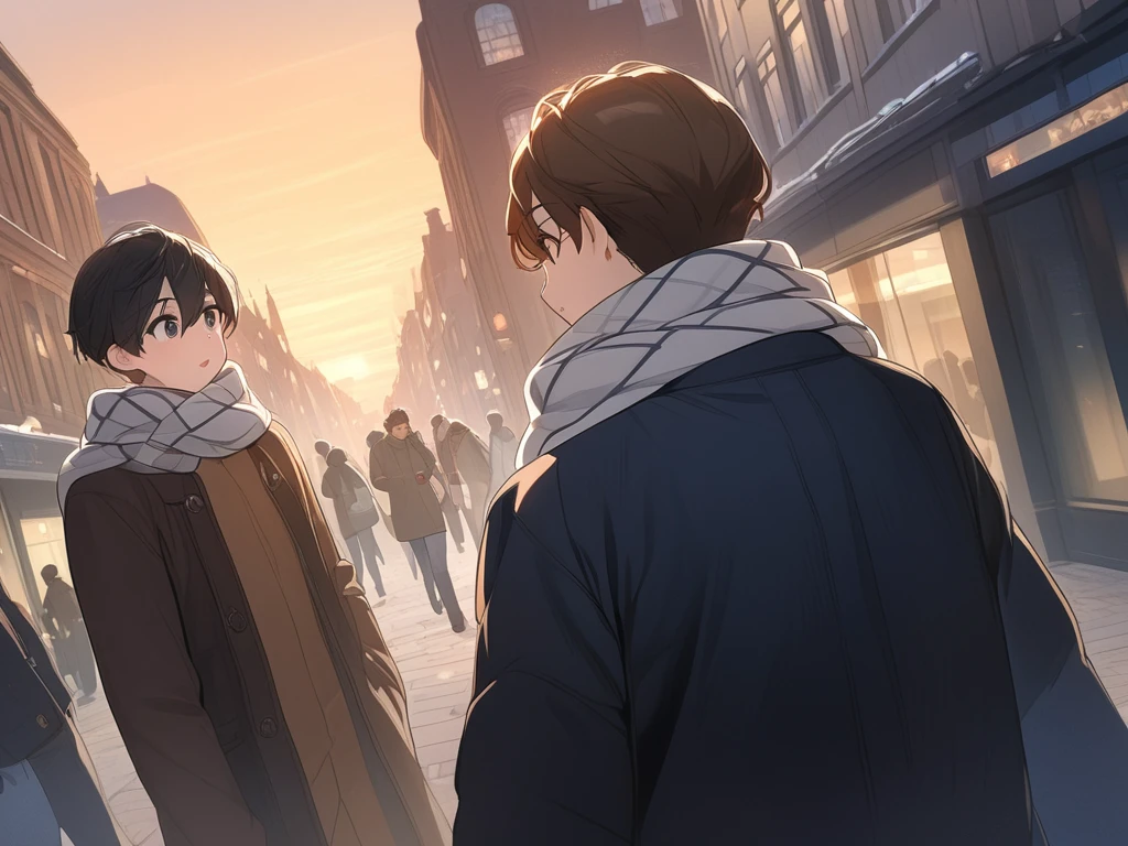 (( top quality )), ((masterpiece)), (  Details),  two boys ,  scarf,bustling street,dusk,rule of thirds,canted angle,slim,student,black hair,brown hair,Two people meet,Looking at each other,winter