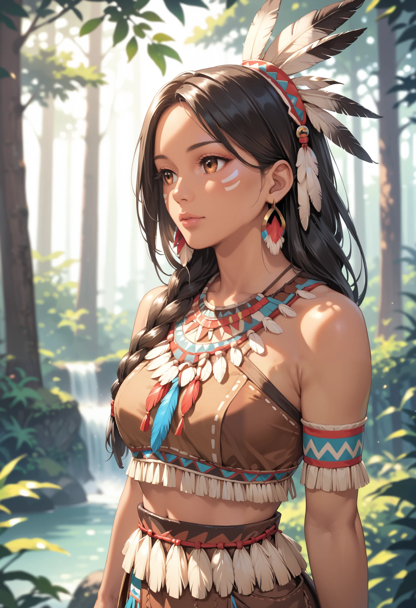 extremely detailed CG, high resolution, best quality, masterpiece, single woman, native american, brown eyes (beautiful detailed eyes: 1.4), black hair, native american clothes, feather accesories, natural pose, forest