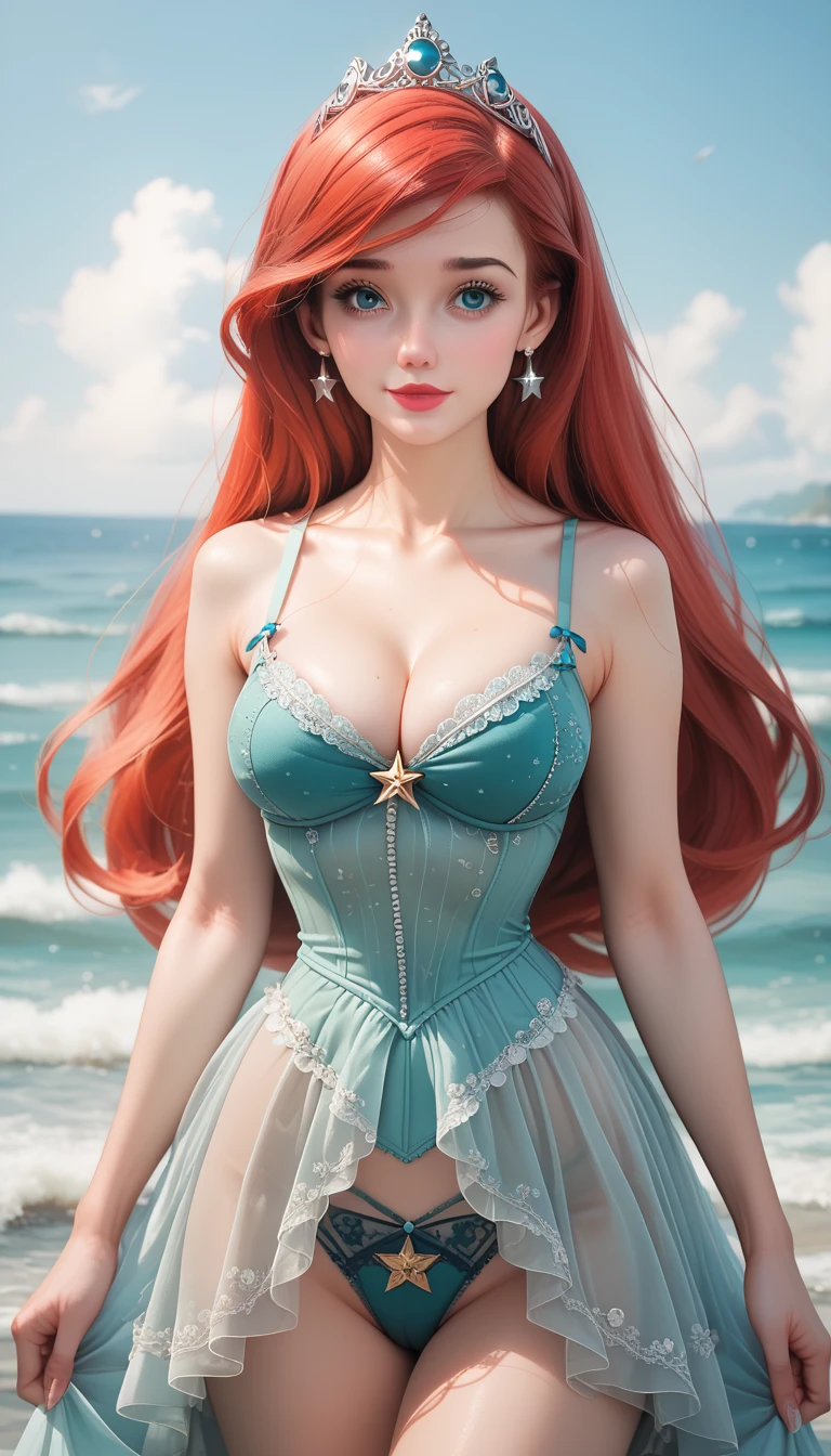 (best quality, ultra-detailed, photorealistic: 1.39), bright and vibrant colors, studio lighting, romantic expression, An effeminate girl, with a delicate and beautiful face. has a thin body, but well designed, your skin is white and very pale. her hair is red, esparkling red color, likes to wear makeup, ((Wear a black choker)), outfit emocore, fuzzy, sexy, beautiful sky blue dress, strap with lace details, she is at an outdoor party at the lake
