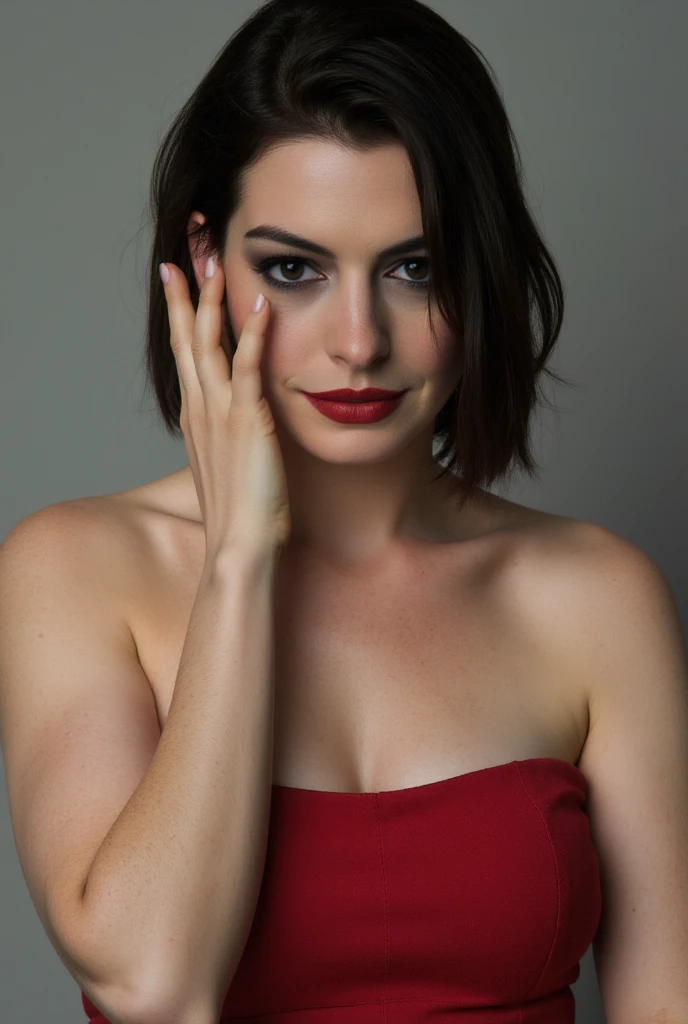 yor, Mature female,  bangs, side locks, Red eyes, Black hair, hair adornments，sportrait, (face:1.2), schoolgirls, ssmile,bare shoulders​, Black hair, cherry blossom, cleavage, (gown:1.21), clavicle, Willow Branch, (masterpiece best quality :1.2),