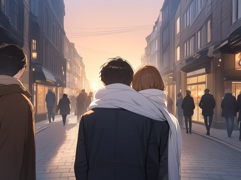 (( top quality )), ((masterpiece)), (  Details),  two boys ,  scarf,bustling street,dusk,rule of thirds,Over the shoulder,slim,student,black hair,brown hair,Two people meet,Looking at each other,winter