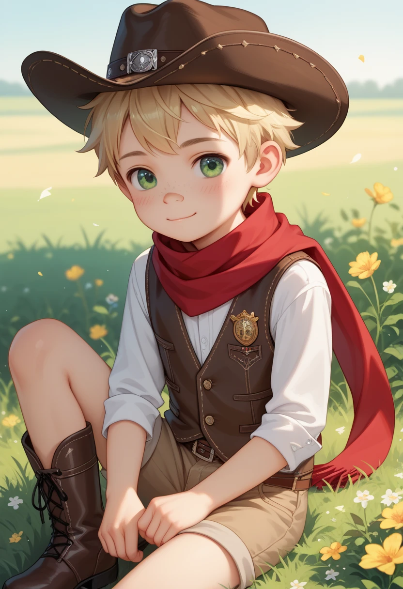 only 1 person, little 4-yr old boy, young, cute, young, little, short, thin, Age Regression, youthful, Shotacon, Shota, turned up nose shape, blonde hair, Cowboy hat, red scarf, vest, cowboy chap pants, leather boots, wild west background