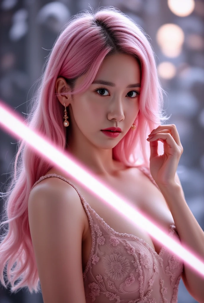 masterpiece,(best quality:1.3),ultra high res,raw photo,detailed skin,beautiful lighting,(realistic, photo-realistic:1.4),1girl,cheongsam,Crystal pink hair，laser，leishe，（Huge breasts:1.3）