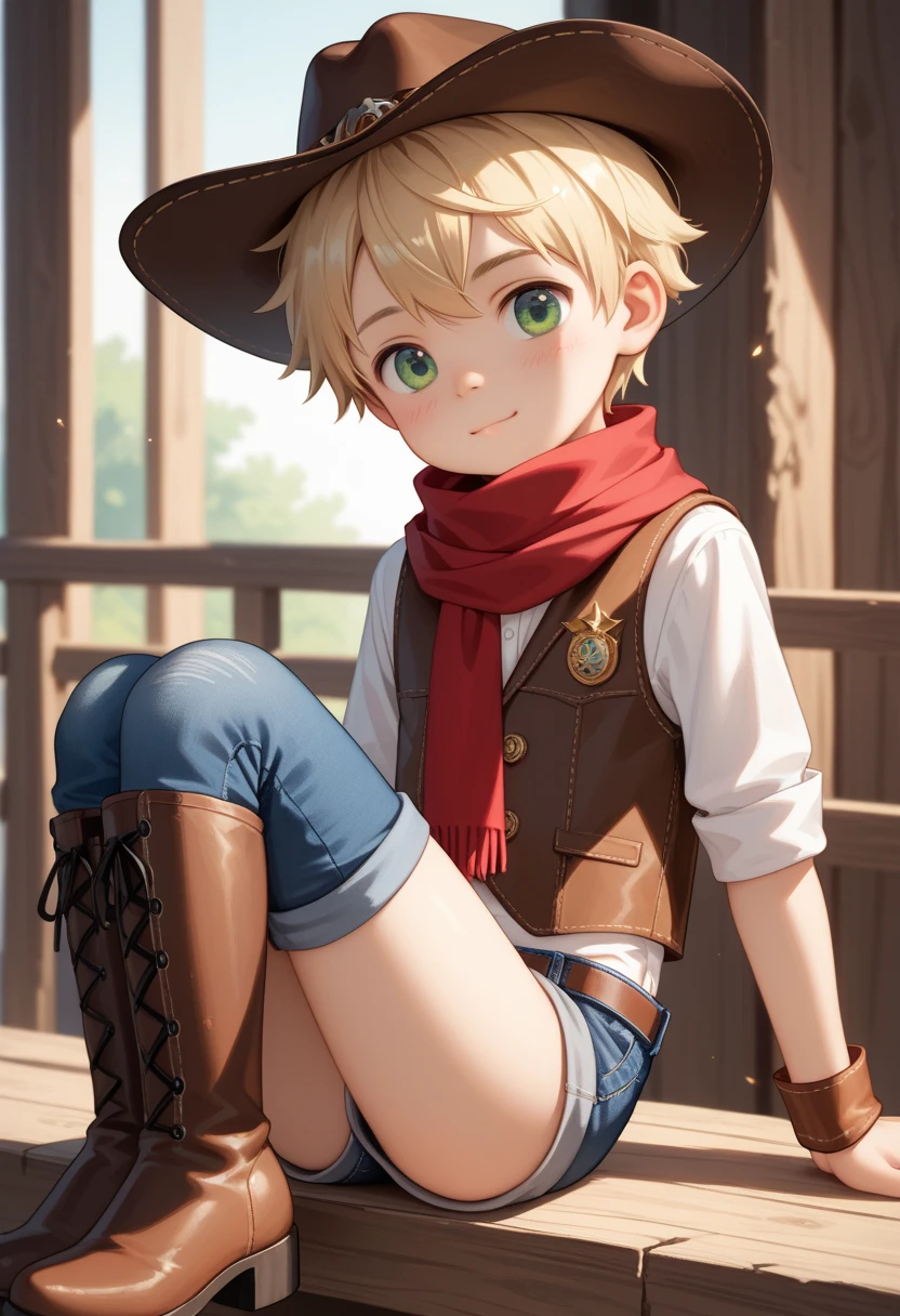 only 1 person, little 4-yr old boy, young, cute, young, little, short, thin, Age Regression, youthful, Shotacon, Shota, turned up nose shape, blonde hair, Cowboy hat, red scarf, vest, shorts pants, leather boots, wild west background