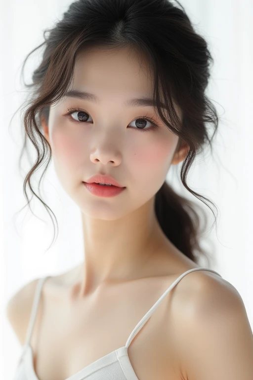 High definition photo, salon model, feathered hair, clean clothes, moderate skin exposure, clear, light in eyes, Japanese beauty, childlike face, 20s, well-rounded face, good impression, bright and clear photo, studio lighting, shallow depth of field